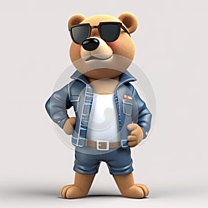 Joyful, stylish 3D bear character with full body, donning apparel and shades, against a backdrop. Generative AI