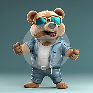 Joyful, stylish 3D bear character with full body, donning apparel and shades, against a backdrop. Generative AI