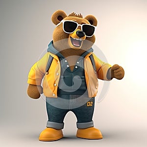 Joyful, stylish 3D bear character with full body, donning apparel and shades, against a backdrop. Generative AI