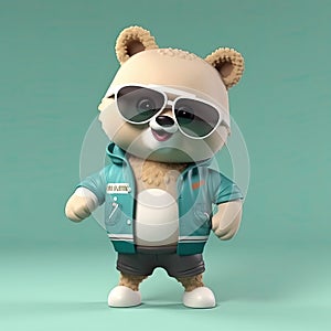 Joyful, stylish 3D bear character with full body, donning apparel and shades, against a backdrop. Generative AI