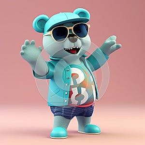 Joyful, stylish 3D bear character with full body, donning apparel and shades, against a backdrop. Generative AI