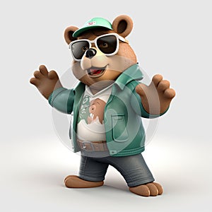 Joyful, stylish 3D bear character with full body, donning apparel and shades, against a backdrop. Generative AI