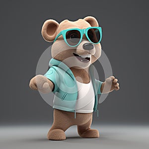 Joyful, stylish 3D bear character with full body, donning apparel and shades, against a backdrop. Generative AI