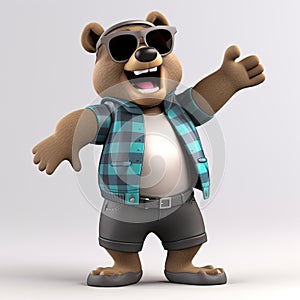 Joyful, stylish 3D bear character with full body, donning apparel and shades, against a backdrop. Generative AI