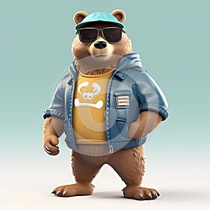 Joyful, stylish 3D bear character with full body, donning apparel and shades, against a backdrop. Generative AI