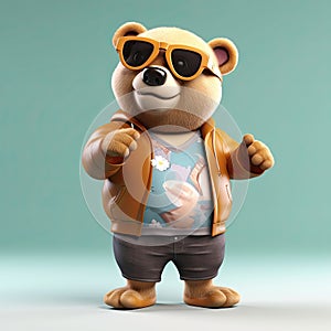 Joyful, stylish 3D bear character with full body, donning apparel and shades, against a backdrop. Generative AI