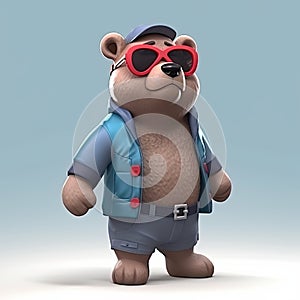 Joyful, stylish 3D bear character with full body, donning apparel and shades, against a backdrop. Generative AI