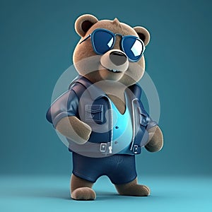 Joyful, stylish 3D bear character with full body, donning apparel and shades, against a backdrop. Generative AI