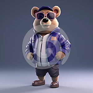 Joyful, stylish 3D bear character with full body, donning apparel and shades, against a backdrop. Generative AI