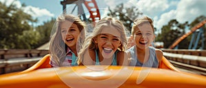 A Joyful Summer Adventure A Mother And Her Children Experience The Thrills Of A Rollercoaster Ride