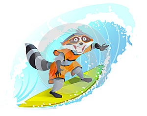 Joyful surfer raccoon. Summer holidays at sea. Animal surfboarder