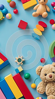 A joyful teddy bear sits amongst a diverse collection of playthings, showcased on a pastel blue surface for a playful