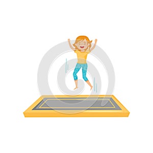 Joyful teenage girl jumping on square trampoline mat with hands up. Active leisure. Flat vector design