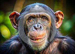 A Joyful TiltShift CloseUp of a Playful Chimpanzee Capturing the Mimicry and Exuberance of a Primate in a photo