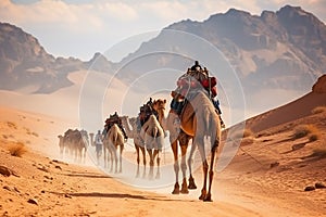 Joyful Tourist on Group Camel Ride in Desert