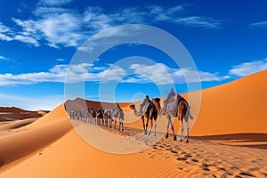 Joyful Tourist on Group Camel Ride in Desert