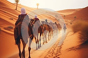 Joyful Tourist on Group Camel Ride in Desert