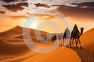 Joyful Tourist on Group Camel Ride in Desert