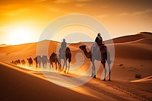 Joyful Tourist on Group Camel Ride in Desert