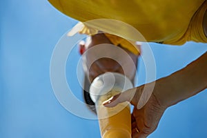 Joyful traveler drinks juice, a man quenches thirst, close-up, bottom-up view