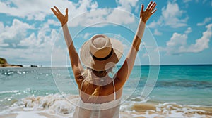 Joyful traveling woman leaps with hands up on the beach, viewed from behind.