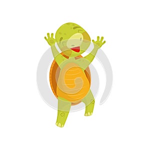 Joyful turtle in jumping action. Green reptile with brown shell. Animal happy muzzle. Flat vector for postcard, children photo