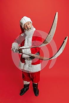 Full-length portrait of senior man wearing Santa Claus costume, holding skis  over red background. Winter