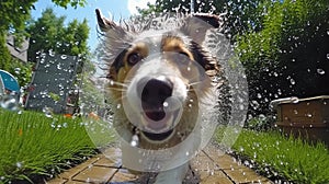 A joyful wet dog, splashing in water, eyes gleaming with happiness, fur drenched and glistening