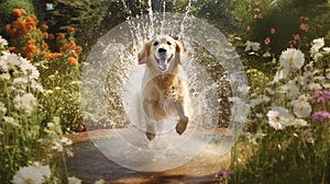 A joyful wet dog, splashing in water, eyes gleaming with happiness, fur drenched and glistening