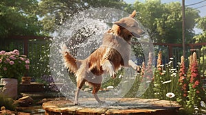 A joyful wet dog, splashing in water, eyes gleaming with happiness, fur drenched and glistening