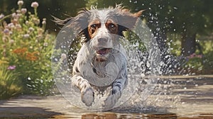 A joyful wet dog, splashing in water, eyes gleaming with happiness, fur drenched and glistening