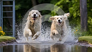 Joyful wet dogs, splashing in water, eyes gleaming with happiness, furs drenched and glistening