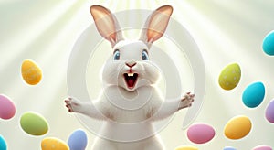 Joyful White Easter Bunny with Colorful Eggs in Sunlit Springtime Celebration
