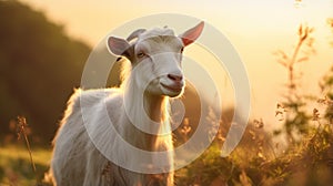 Joyful White Goat Sitting On Grass At Sunset - Uhd Image