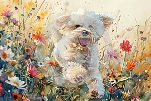 Joyful white puppy bounding through a vibrant watercolor flower field photo