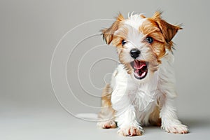 A joyful white and tan puppy mid-bark, exuding happiness and playfulness