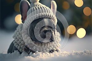 Joyful winter adorable french bulldog puppy