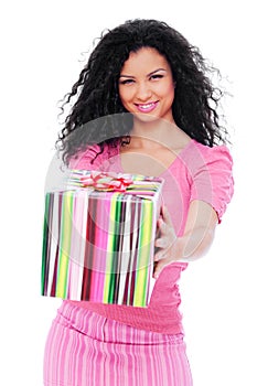 Joyful woman with gift box