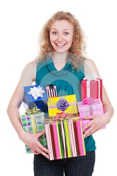 Joyful woman with gift boxes