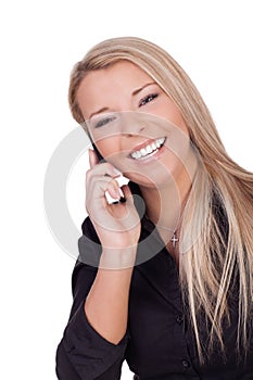 Joyful woman listening to her mobile