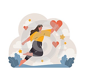 Joyful woman soaring among clouds, holding a heart symbol. Flat vector illustration