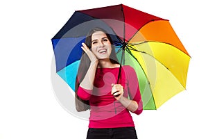 Joyful young attractive woman portrait with umbrella