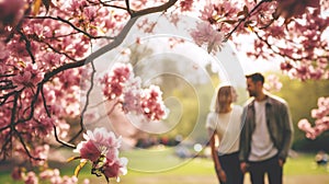 Joyful young couple surrounded by pink spring blossoms sharing a moment