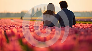 Joyful young couple in tulip flowers spring blooming field sharing a moment