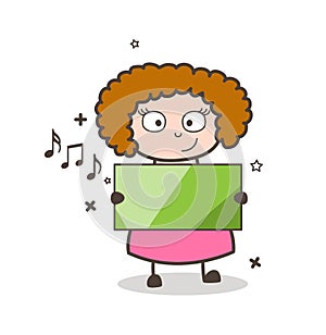 Joyful Young Lady Showing a Blank Pennant Bnaner Vector