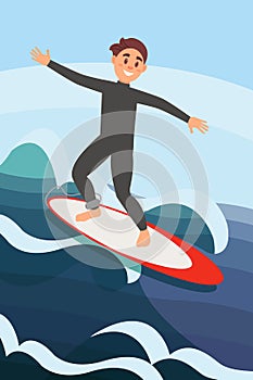 Joyful young man surfing on ocean waves. Extreme water sport. Active summer recreation. Colorful flat vector