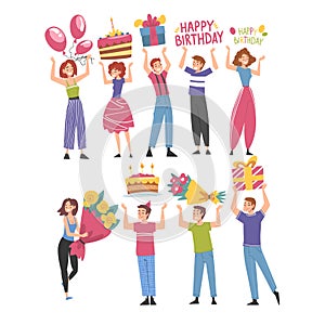 Joyful Young People with Holiday Party Symbols Set, Happy Birthday Concept Cartoon Style Vector Illustration