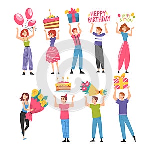 Joyful Young People with Holiday Party Symbols Set, Happy Birthday Concept Cartoon Style Vector Illustration