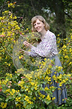 The joyful young woman among the blossoming bushes of a magoniya