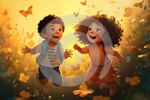 Joyful Youth, Illustration of Radiant, Playful Children